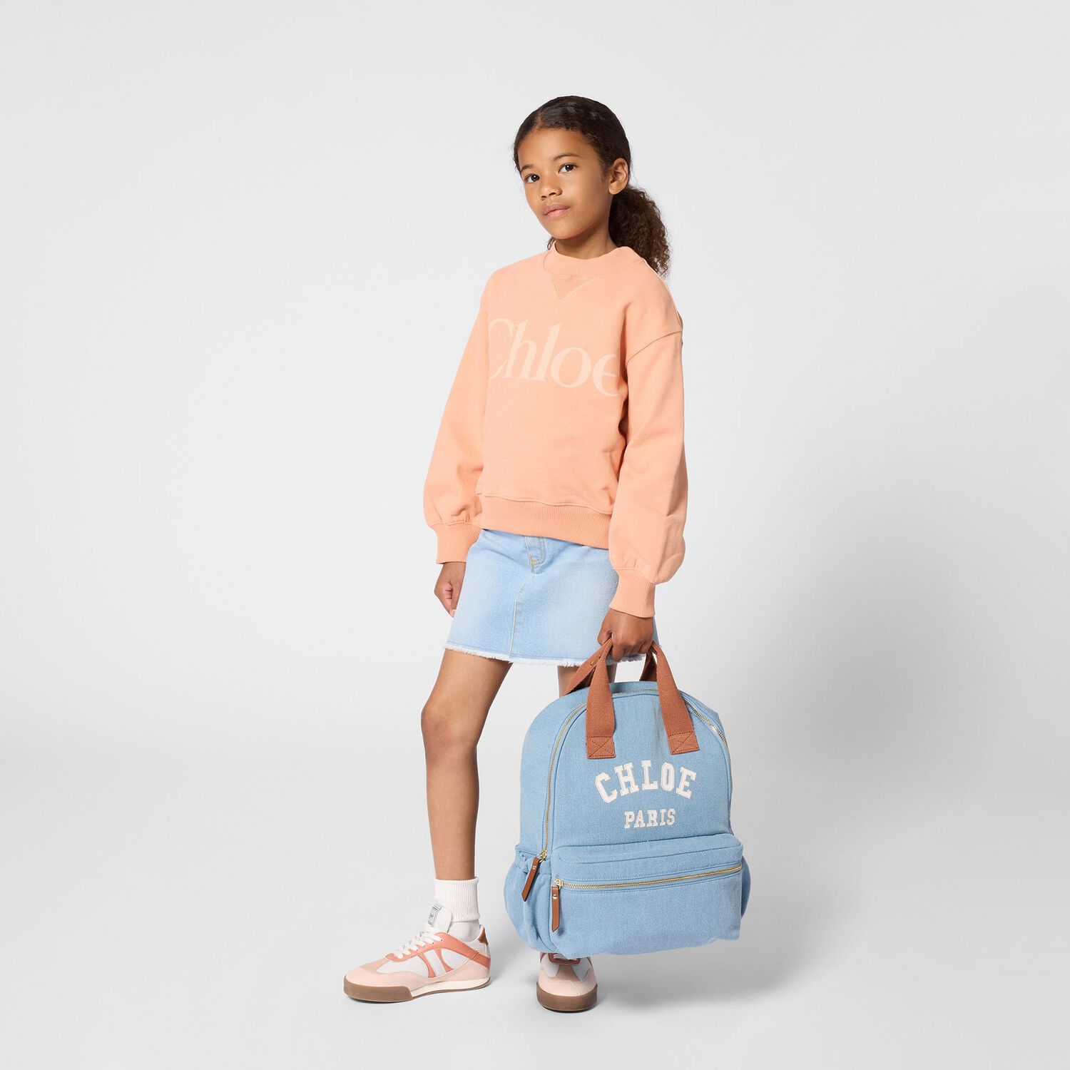 Girls Blue Logo Denim Backpack, 1, hi-res