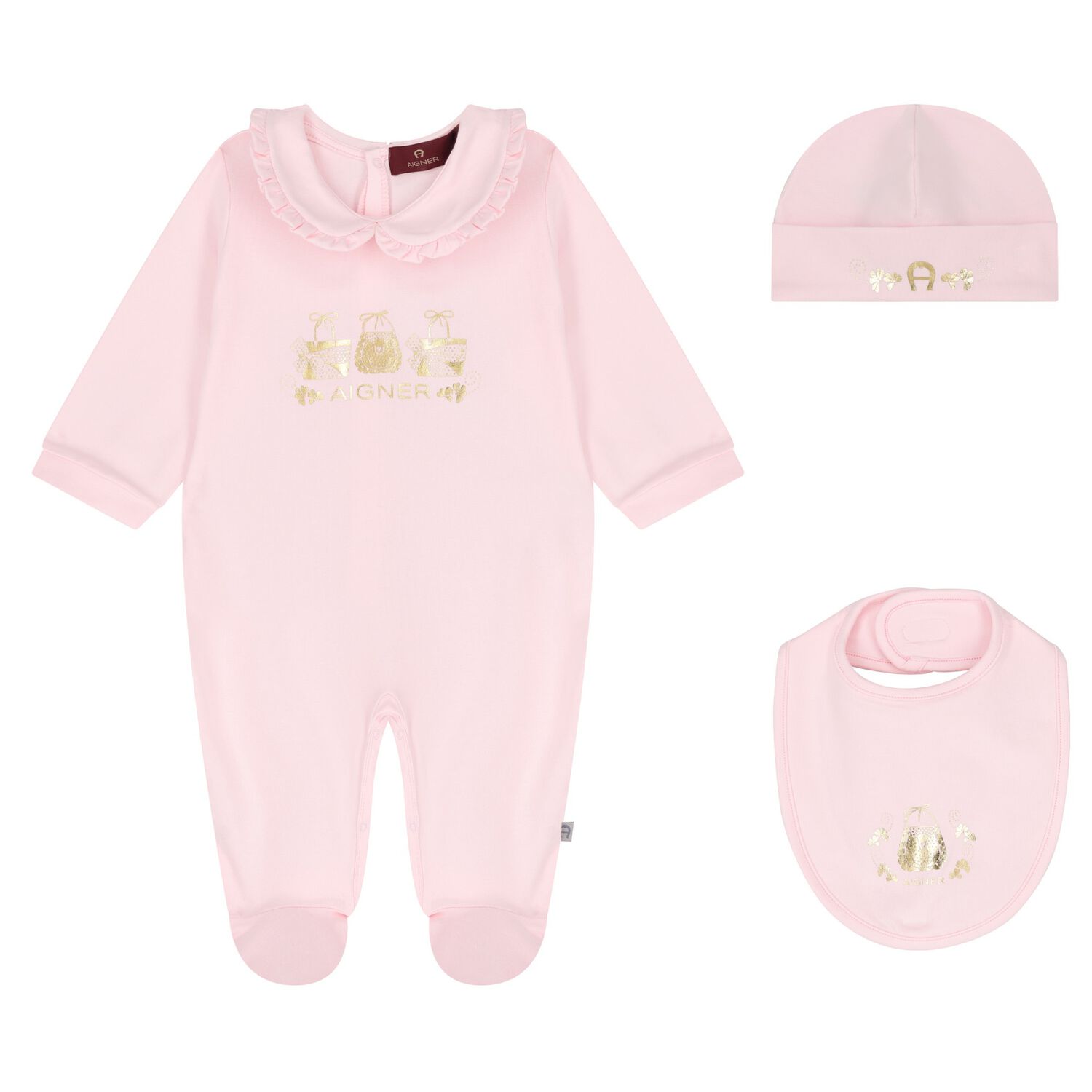 Baby Girls Pink & Gold Logo Babygrow, Hat & Bib Gift Set, 1, hi-res image number null