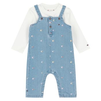 Baby Girls White & Blue Dungaree Set