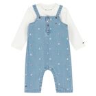 Baby Girls White & Blue Dungaree Set, 1, hi-res