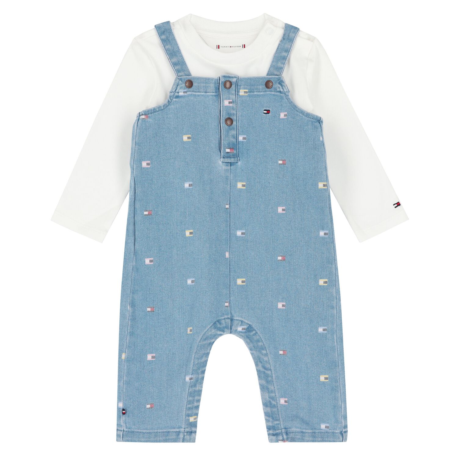Baby Girls White & Blue Dungaree Set, 1, hi-res image number null
