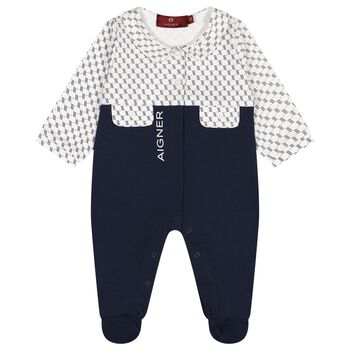 Baby Boys White & Navy Blue Logo Babygrow
