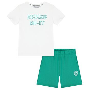 Boys White & Green Logo Shorts Set