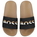 Boys Black & Beige Logo Sliders, 1, hi-res
