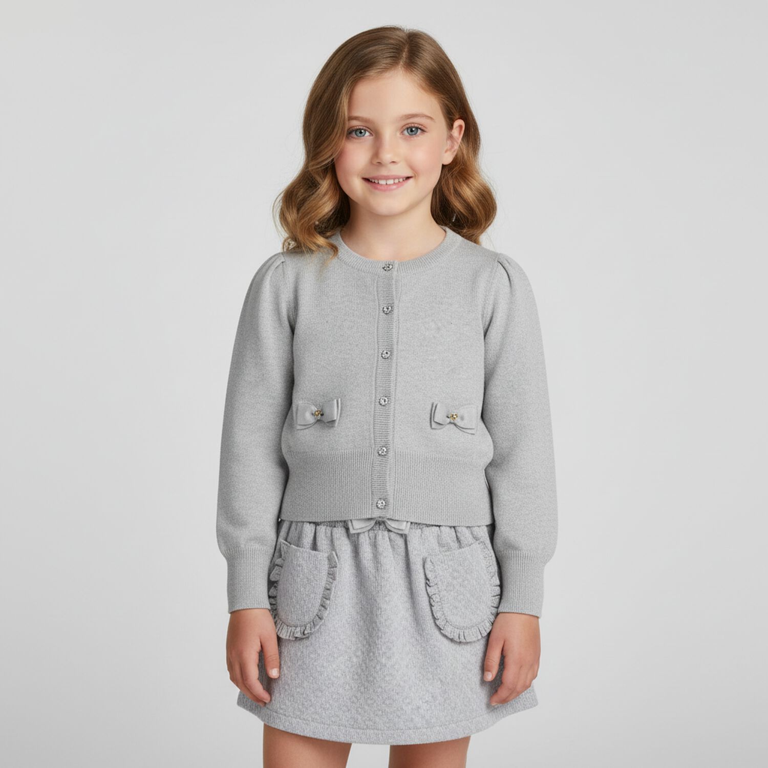 Girls Grey Bow Cardigan, 2, hi-res