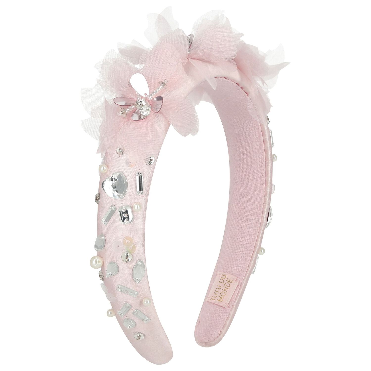 Girls Pink Flower Satin Headband, 1, hi-res