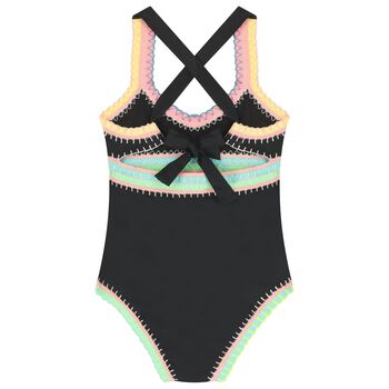 Girls Black Embroidered Swimsuit