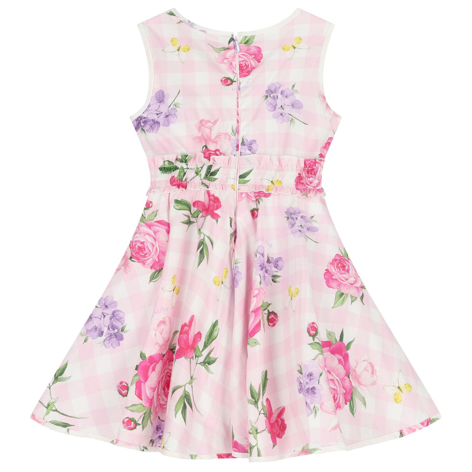Girls Pink & White Floral Gingham Dress, 2, hi-res