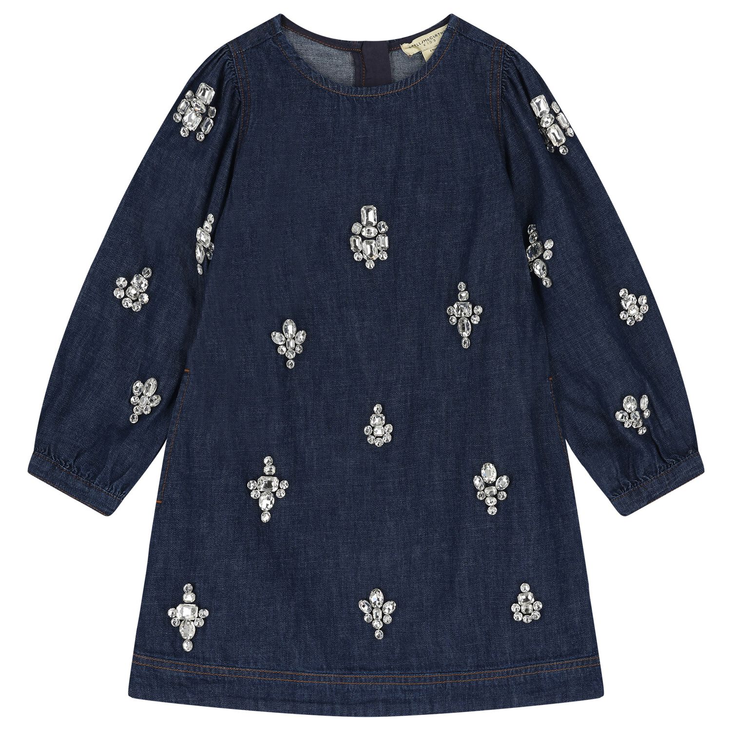 Girls Denim Blue Embellished Dress, 1, hi-res