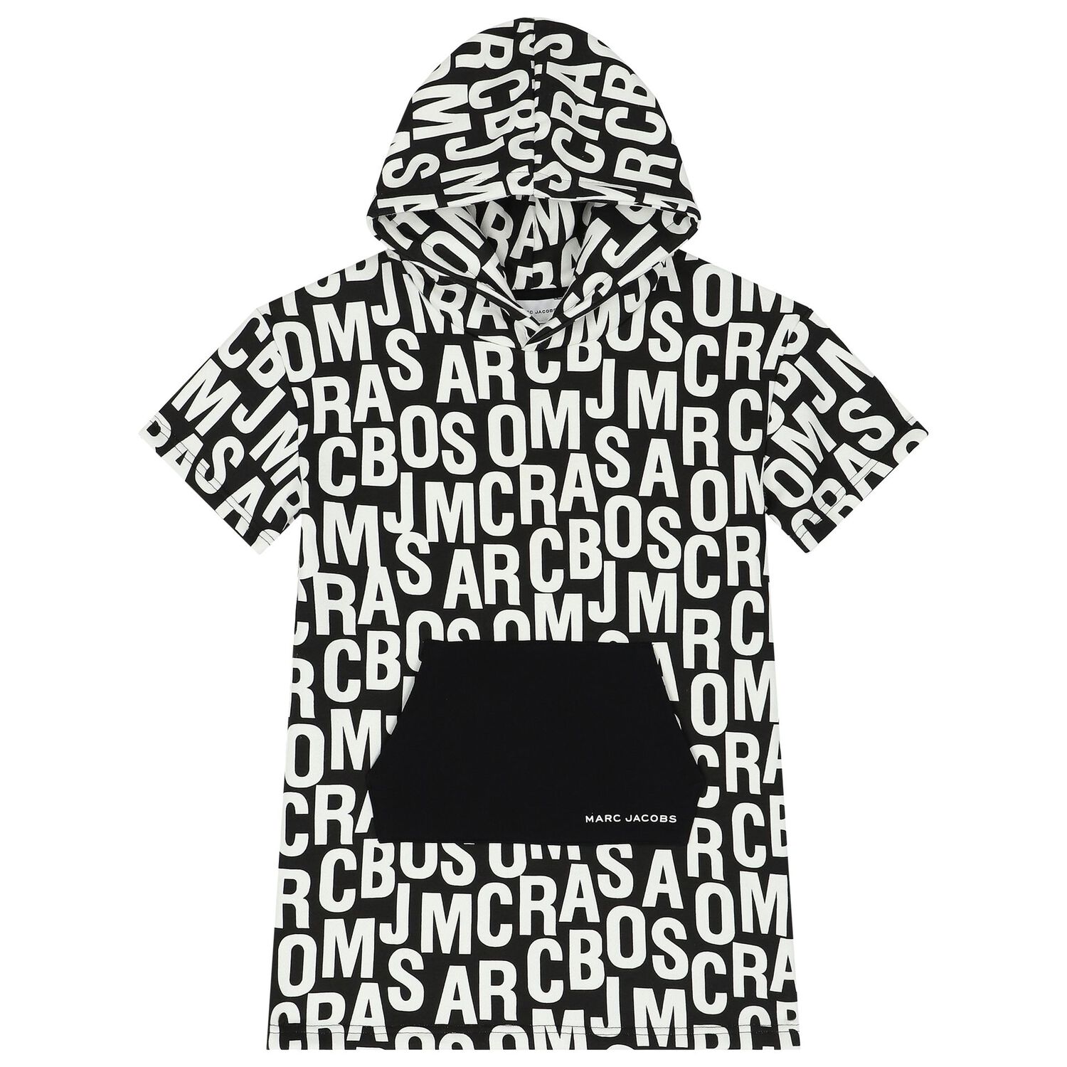 Girls Black & White Logo Hooded Dress, 1, hi-res