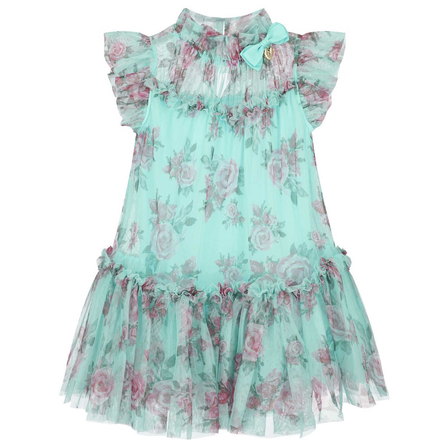 Girls Aqua Rose Tulle Dress, 1, hi-res image number null