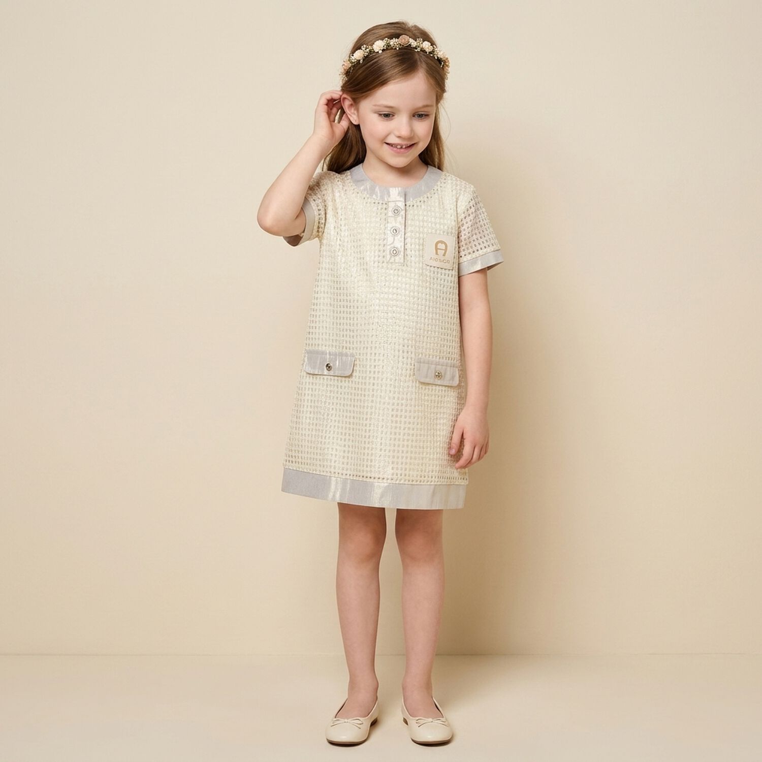 Younger Girls Ivory & Gold Logo Dress, 1, hi-res