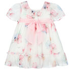 Younger Girls White Floral Chiffon Dress, 1, hi-res