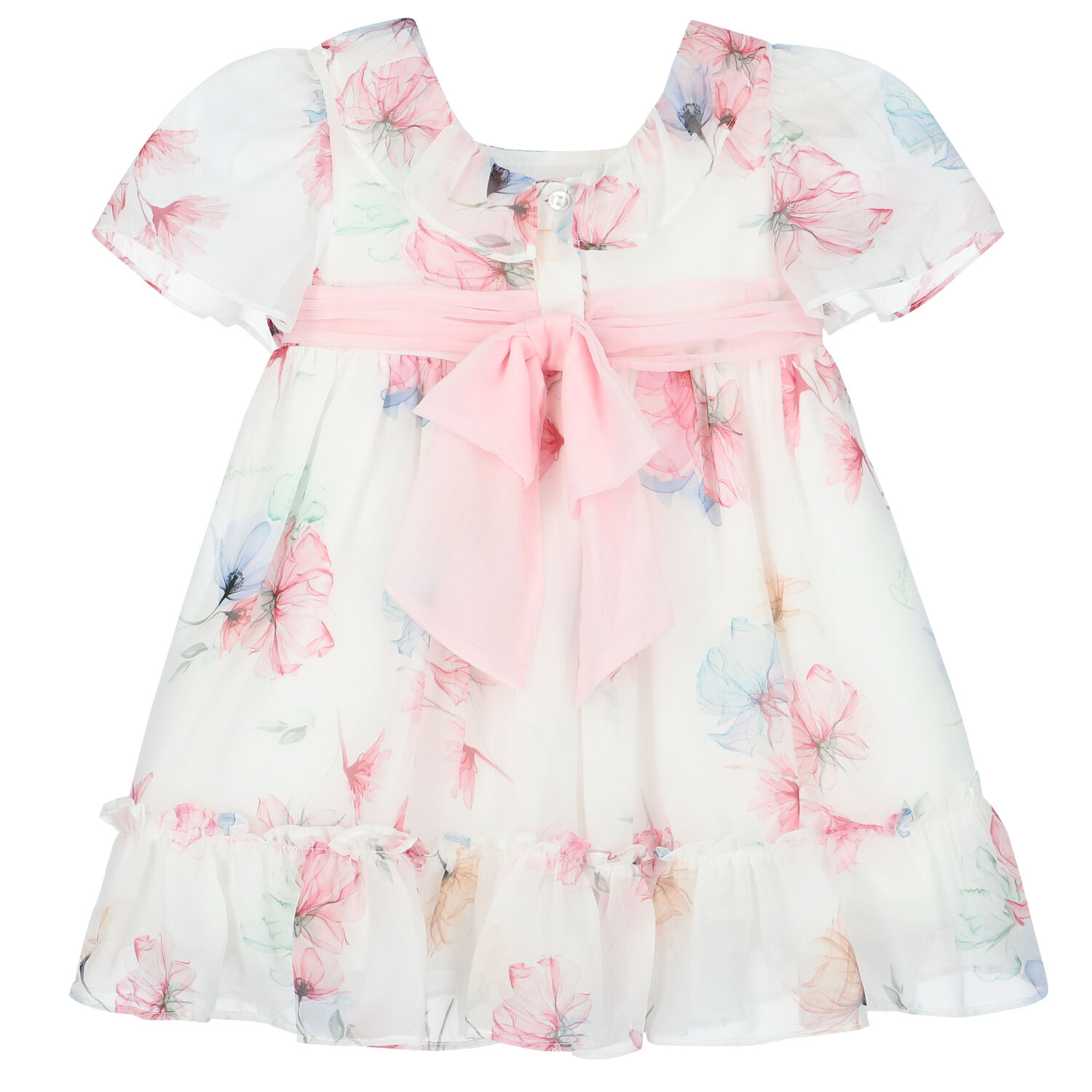 Younger Girls White Floral Chiffon Dress, 1, hi-res
