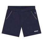 Younger Boys Mini Me Navy Blue & White Logo Shorts Set, 1, hi-res