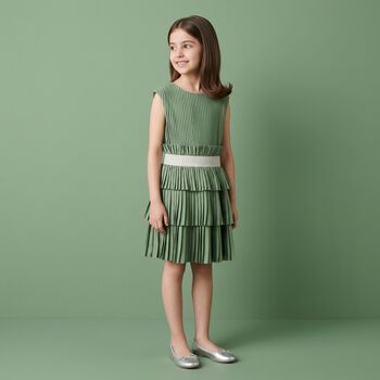 Girls Green Logo Pleated Satin Dress 