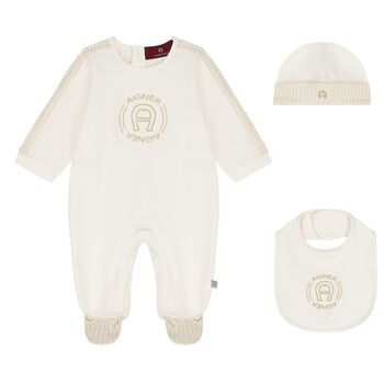 Ivory & Gold Logo Babygrow Hat & Bib Gift Set