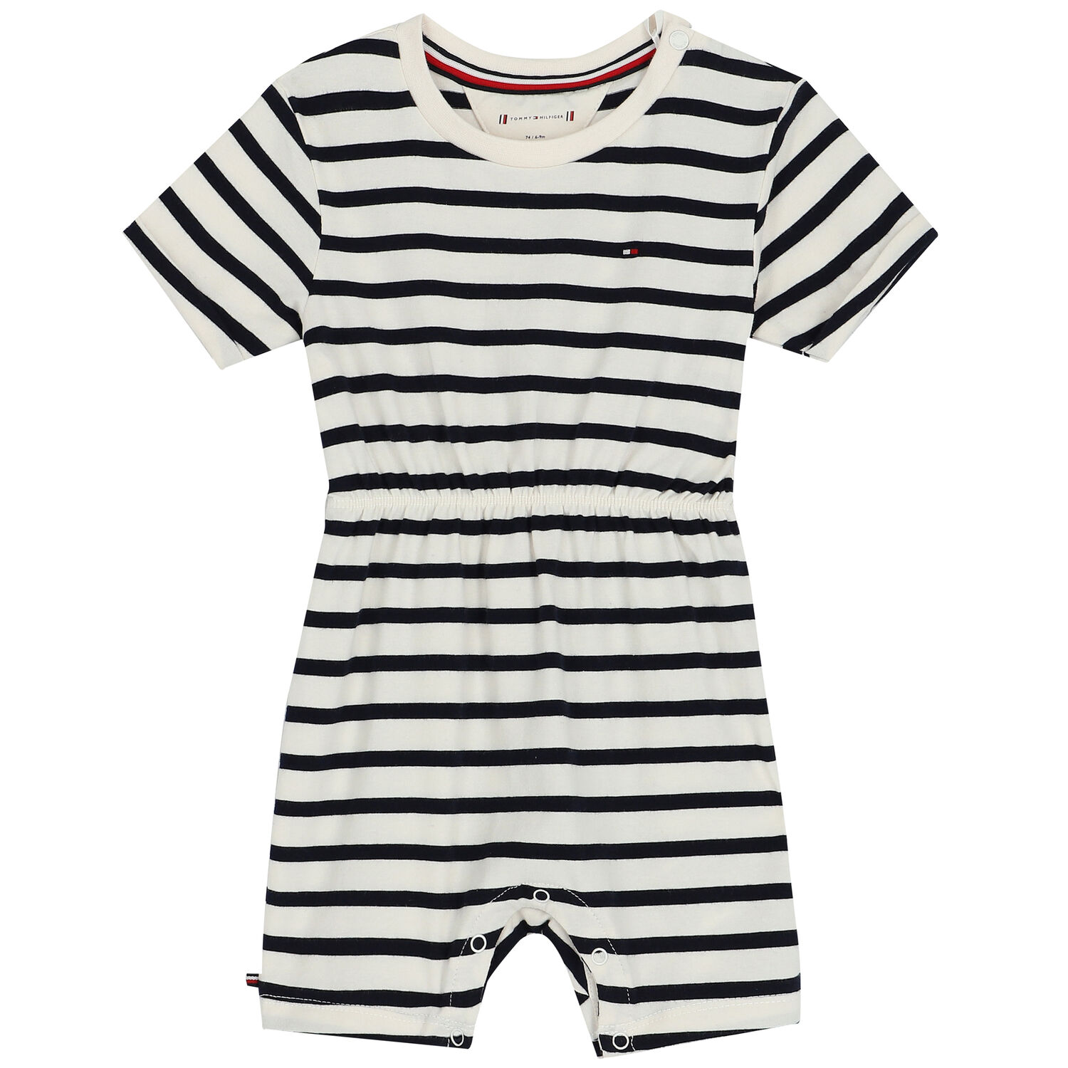 Navy Blue & Ivory Striped Logo Romper & Hat Baby Set, 1, hi-res