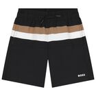 Boys Black, Beige & White Logo Swim Shorts, 1, hi-res