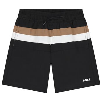 Boys Black, Beige & White Logo Swim Shorts