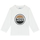 Younger Boys White Logo Long Sleeve Top, 2, hi-res