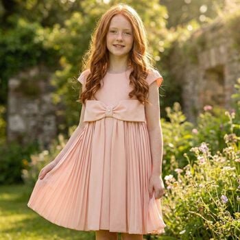 Girls Pink Bow Pleated Dress