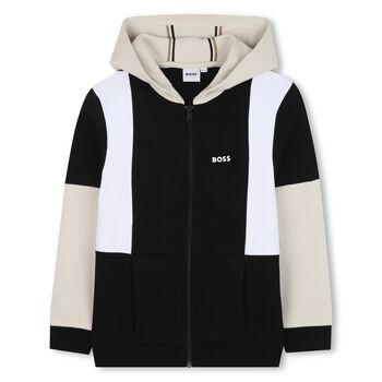 Boys Black & Ivory Logo Hooded Zip Up Top
