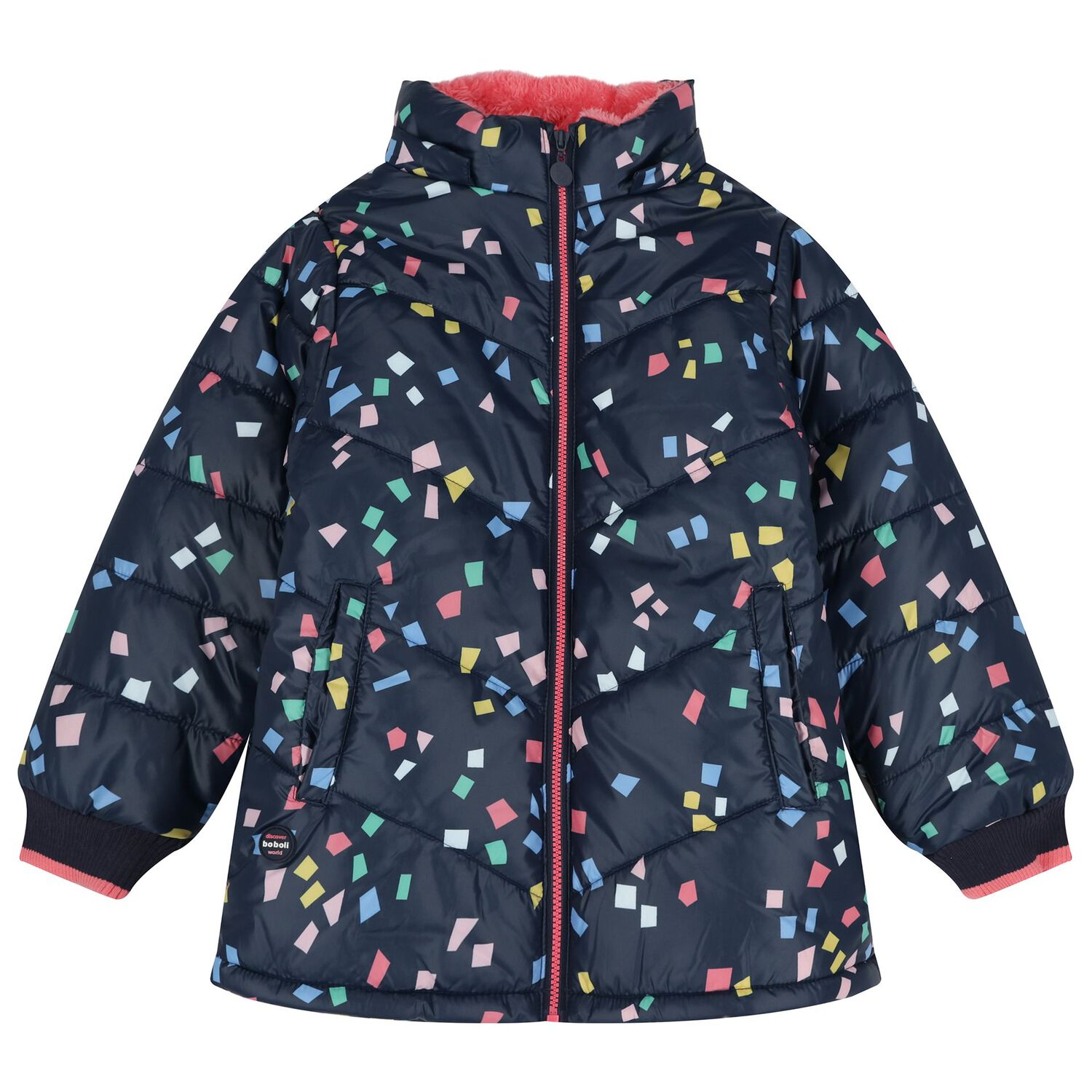 Girls Navy Blue & Pink Padded Puffer Jacket, 1, hi-res