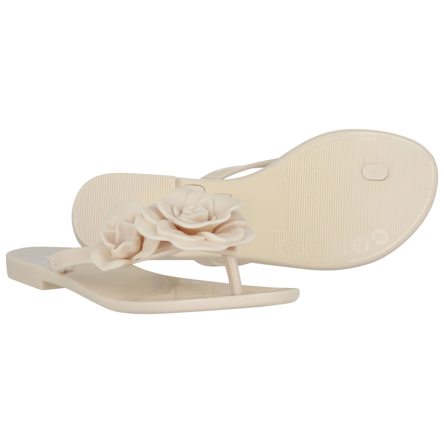 Girls Beige Logo Flower Flip Flops, 1, hi-res