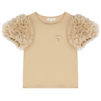 Girls Beige Tulle Sleeve T-Shirt
