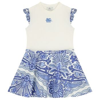 Girls Ivory & Blue Floral Paisley Dress