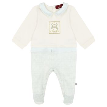 Baby Boys Blue & Ivory Logo Babygrow