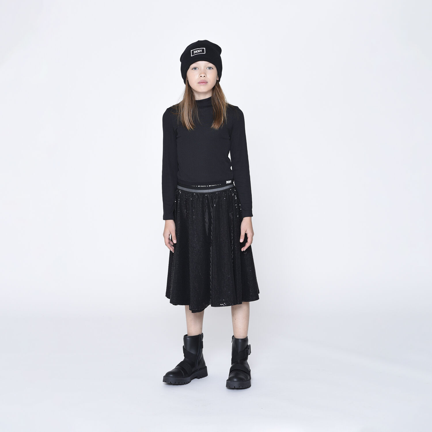 Girls Black Logo Sequin Skirt, 1, hi-res