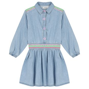 Girls Blue Denim Embroidered Dress 
