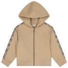 Beige Check Logo Hooded Zip Up Top, 1, hi-res