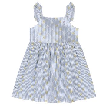 Girls Blue Striped Broderie Cotton Dress