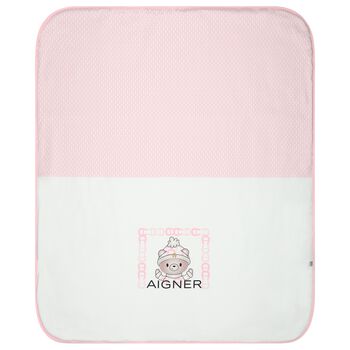 Baby Girls White & Pink Teddy Bear Logo Blanket