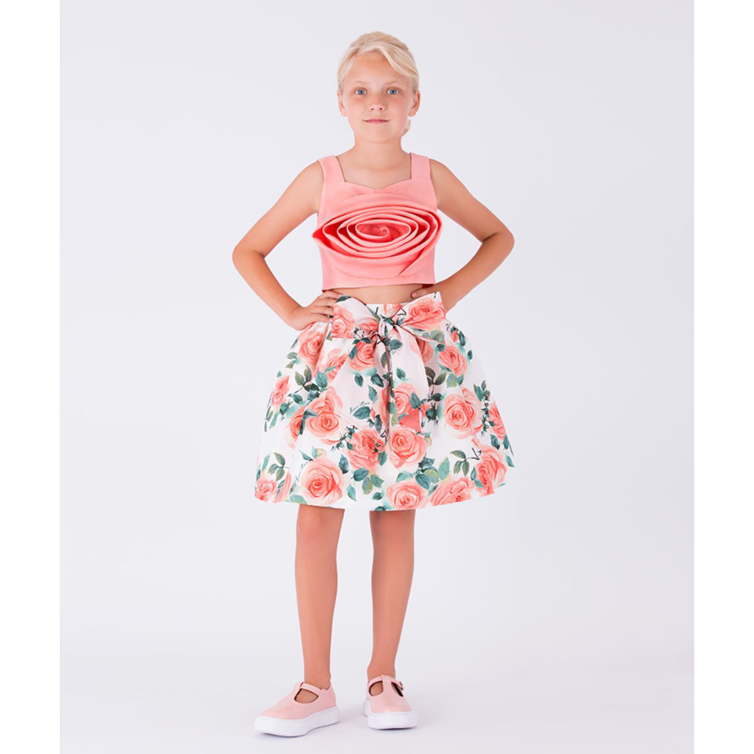Girls Coral & White Rose Satin Skirt Set, 1, hi-res image number null