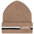 Boys Beige Logo Beanie Hat, 2, hi-res