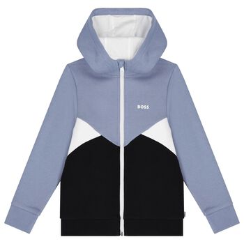 Boys Blue & Black Logo Hooded Zip Up Top