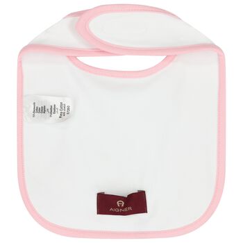 Baby Girls White & Pink Teddy Bear Logo Bib