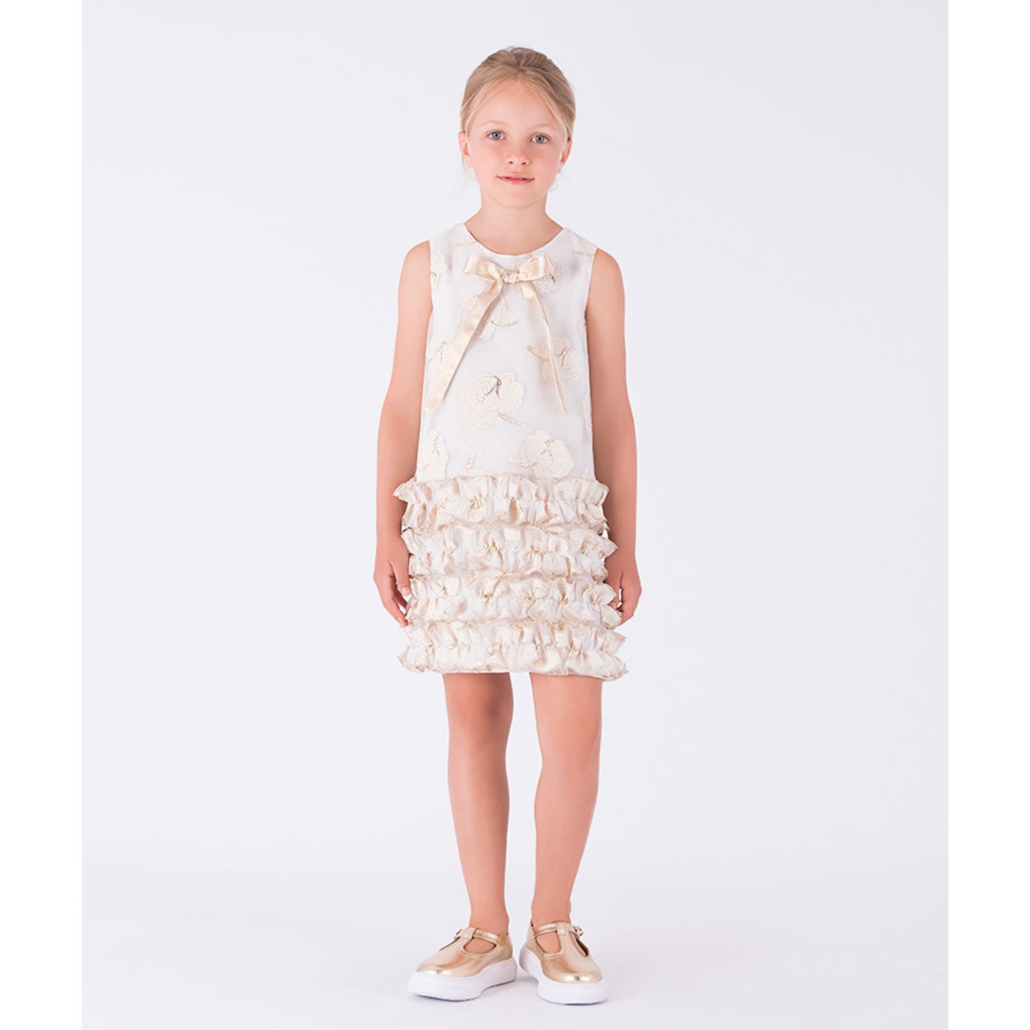 Girls Ivory & Gold Organza Jacquard Dress, 1, hi-res image number null