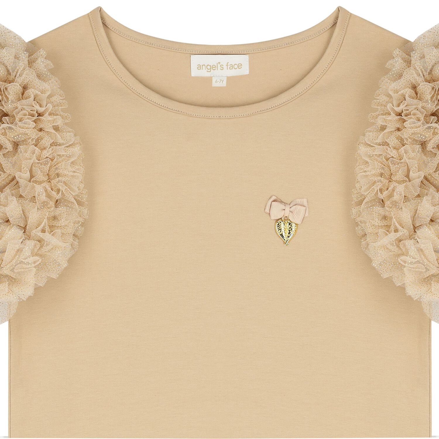 Girls Beige Tulle Sleeve T-Shirt, 2, hi-res image number null