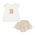 Baby Girls White & Beige Teddy Bear Skirt Set, 2, hi-res