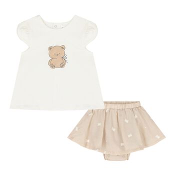 Baby Girls White & Beige Teddy Bear Skirt Set