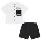 Boys White & Black Logo Shorts Set, 1, hi-res