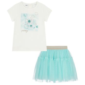 Girls Ivory & Turquoise Blue Tulle Skirt Set