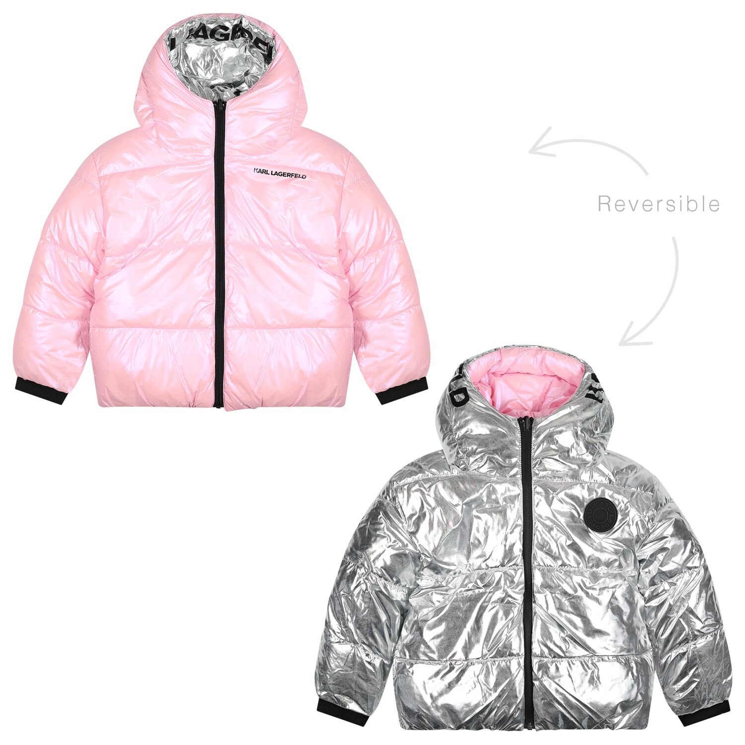 Girls Silver & Pink Reversible Puffer Jacket, 1, hi-res