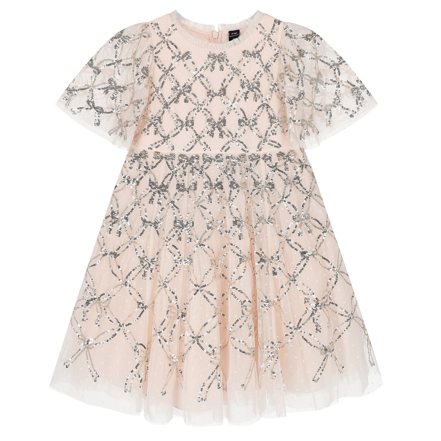 Girls Pink Bow Lattice Sequin Tulle Dress, 2, hi-res