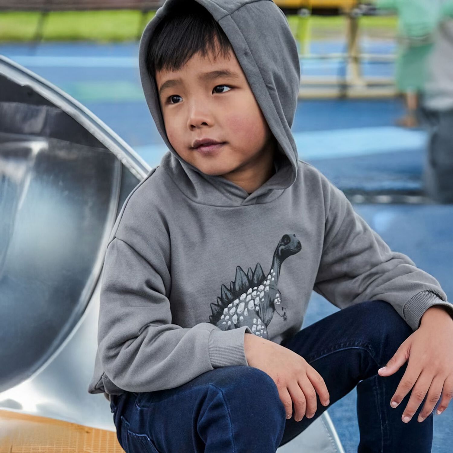 Boys Grey Dinosaur Hooded Top, 2, hi-res